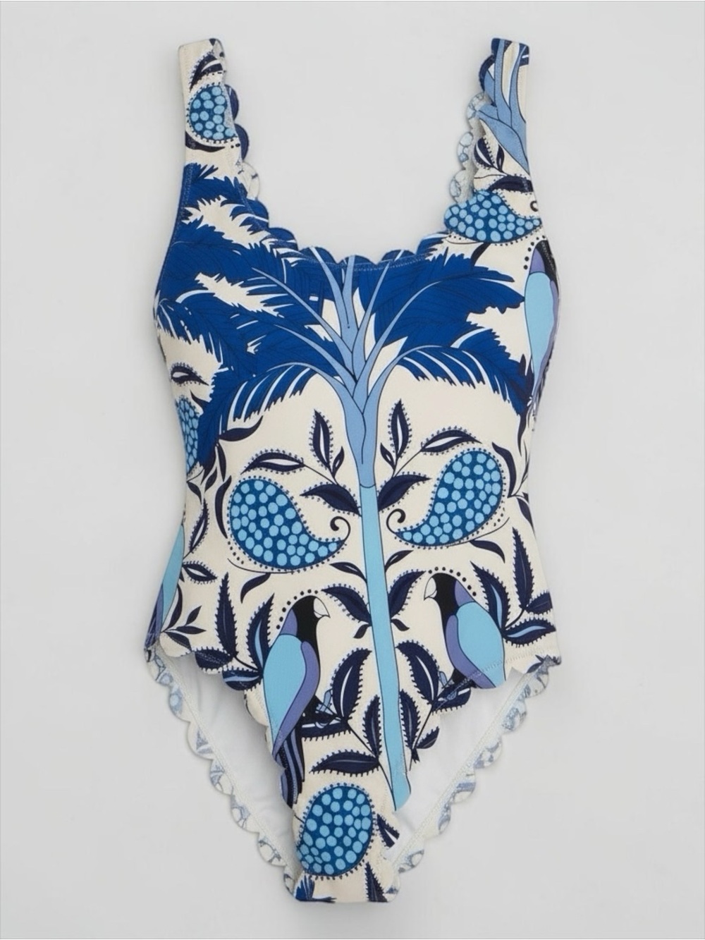 Blue White Tropical Bird Scalloped One Piece Swimsuit Size 6 NWOT
